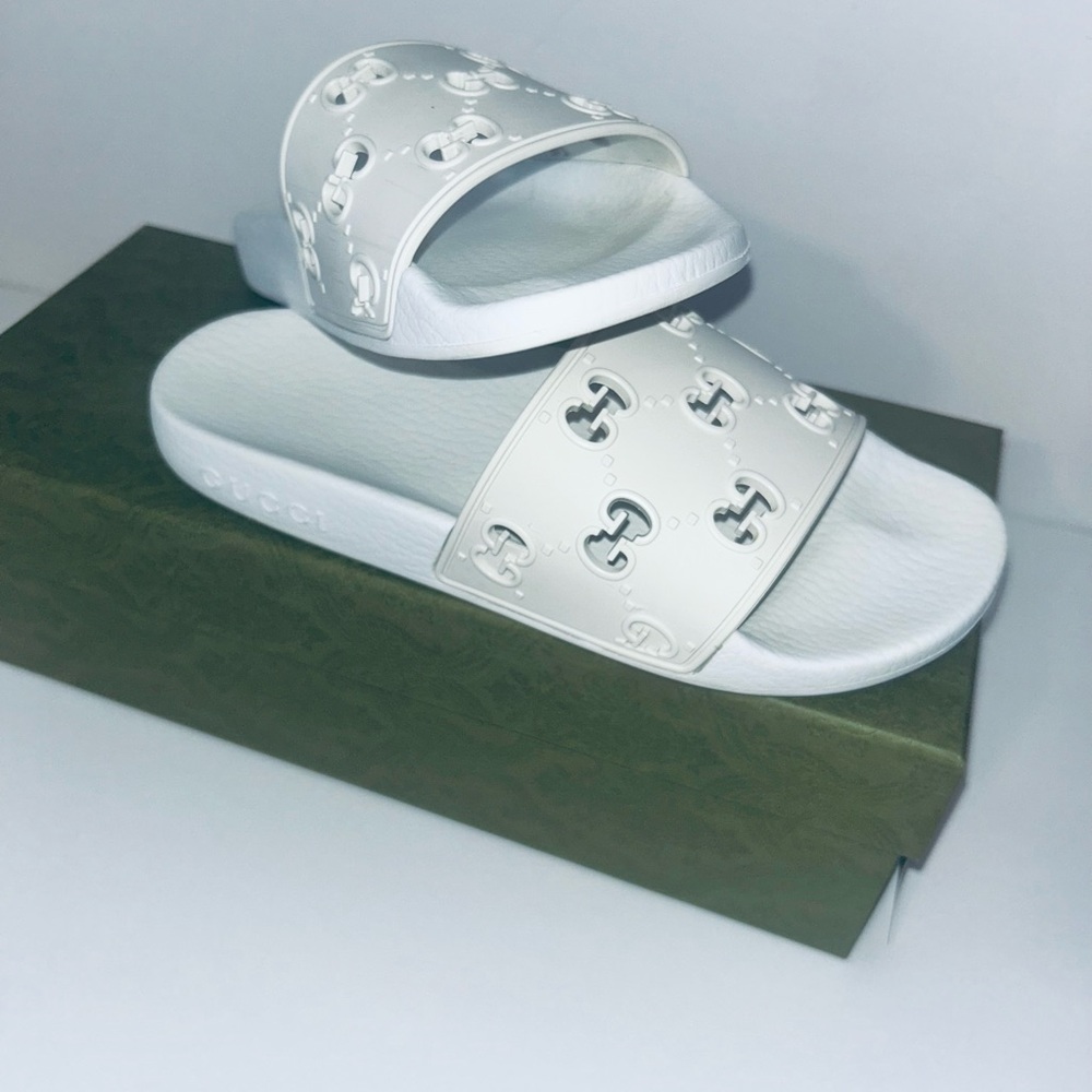Gucci Ivory Embossed Slide Sandals